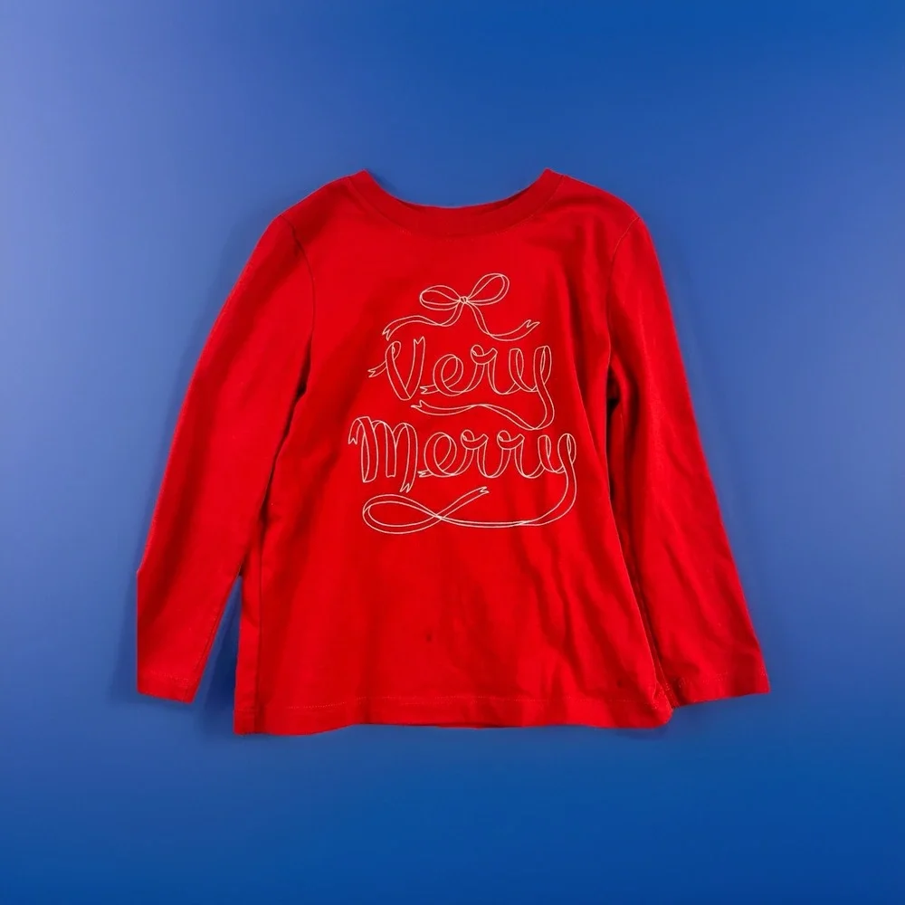 Cat & Jack Very Merry T-Shirt Unisex Kids 4T Red Long Sleeve Holiday Graphic Tee